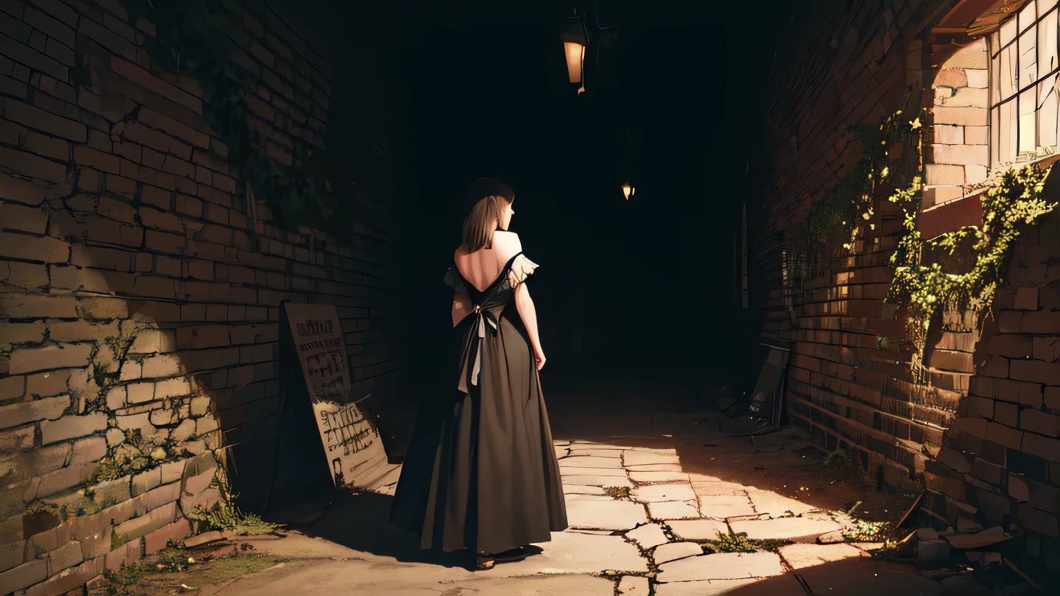 (masterpiece:1.5),(highest quality:1.5),(HDR:1.3),ambient light,ultra-high quality,(ultra detailed original illustration),8k,(((((1 girl, back view))))),A 16-year-old girl with long,straight,dark hair,stands with her back,her head bowed,her face obscured by the shadows. She wears a simple,flowing dress,her hands clasped together,her posture slumped and defeated. The scene is rendered in a stark,monochromatic palette,with deep,rich blacks and subtle greys. The only light source is a sliver of moonlight peeking through a crack in the crumbling brick wall behind her. The wall is overgrown with vines and ivy,creating a sense of decay and neglect. The girl is silhouetted against the wall,her figure almost blending into the darkness,creating a sense of mystery and isolation. The composition is a close-up,focusing on the girl and the wall,creating a sense of claustrophobia and despair. The art style is a blend of realism and graphic art,with sharp,defined lines and a meticulous attention to detail. The painting is rendered using a combination of hatching,stippling,and cross-hatching techniques,creating a sense of texture and depth. The overall mood is one of sadness,longing,and the relentless weight of shadows.,