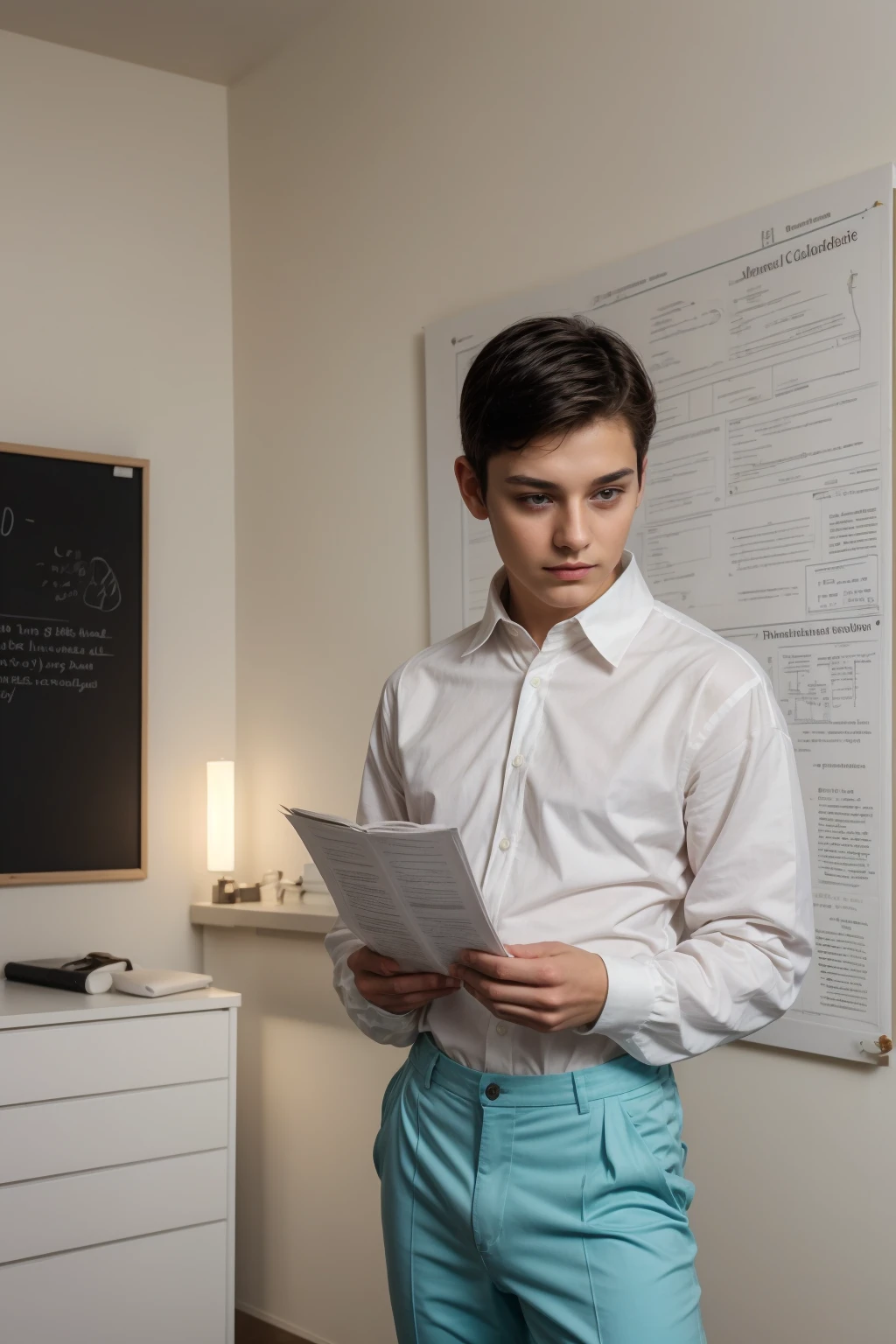 A beautiful young male twink with black hair and a white face with makeup. He is wearing a long-sleeved shirt with a tight white collar and tight aquamarine cotton pants. He is in his office reading a medical paper, and behind him is a blackboard with the shape of the brain and its anatomy written on it, and he looks on proudly.