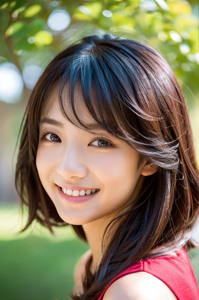 Image resolution 8K、masterpiece:1.3)、Beauty、1 female、(魅力的なBody Type:1.2)、abdomen:1.1、Dark brown hairstyle:1.1、(Body Type:1.2)、Ultra-detailed face、Attractive lips、double eyelid、Wearing a red one-piece dress、Super realistic and super cute in every detail、Japanese、Japanese女性、20th generation(28 years old)、Smile with a beautiful smile、Hair blowing in the wind、color々Hair style、