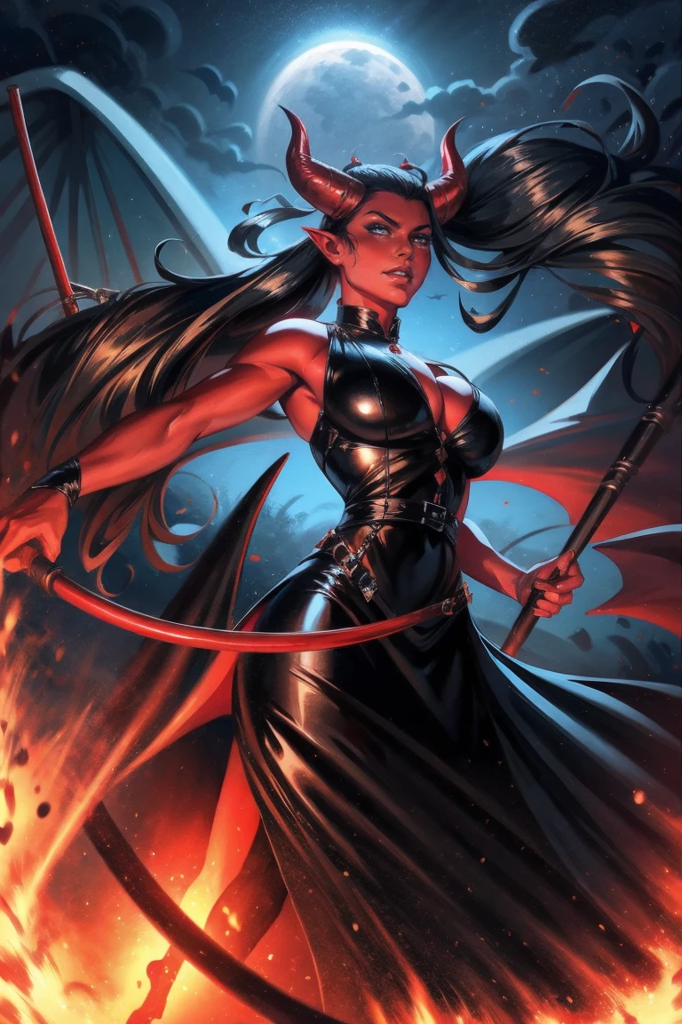 Red skin succubus tiefling, medium breasts, black horns, wings, huge tail, black leather, long flowing skirts, dress, tall, toned, graceful, thin, long black ponytail. Action scene, whip. Dark scene, explosions, night sky.
