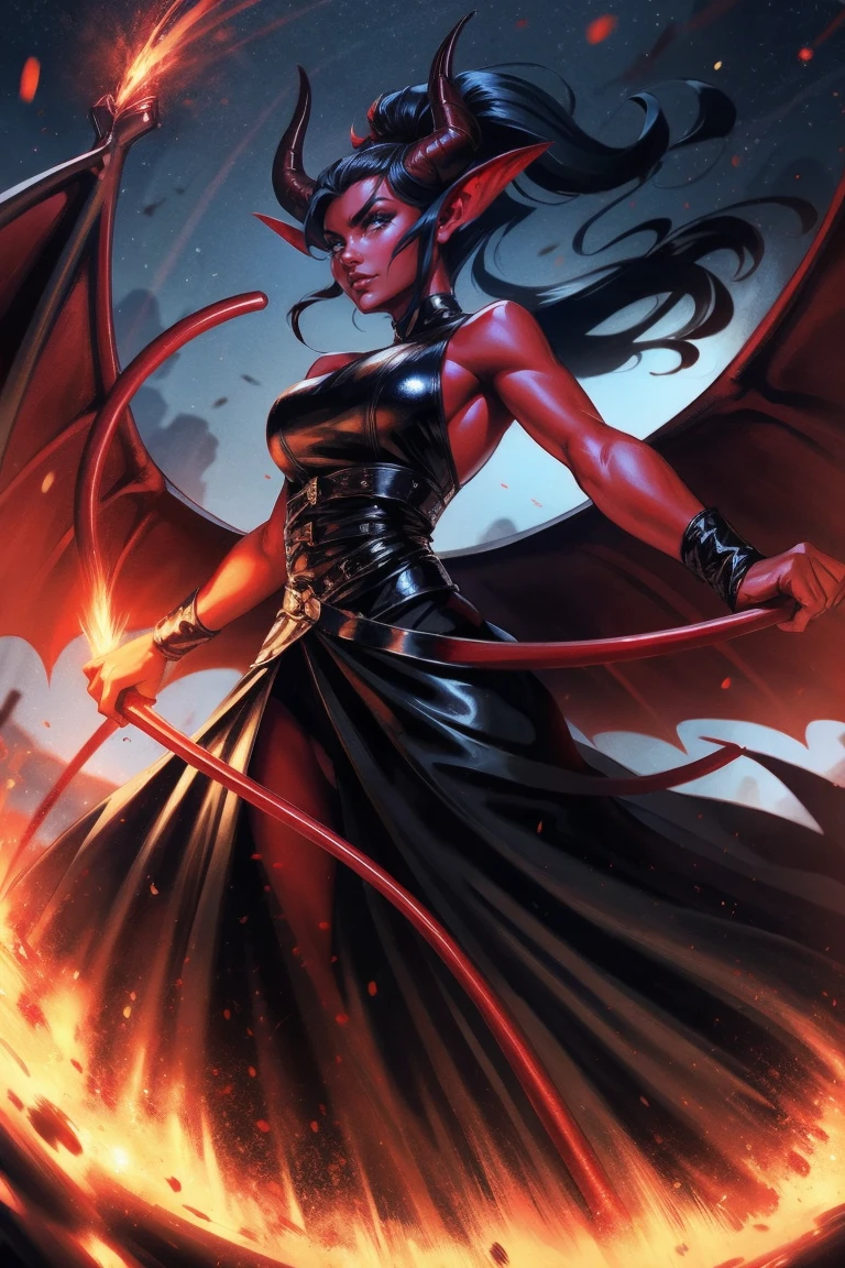 Red skin succubus tiefling, medium breasts, black horns, wings, huge tail, black leather, long flowing skirts, dress, tall, toned, graceful, thin, long black ponytail. Action scene, whip. Dark scene, explosions, night sky.