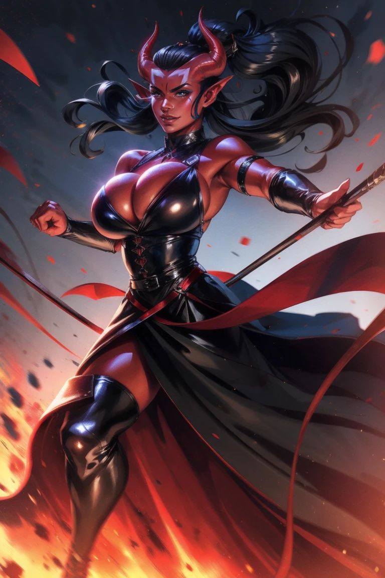 Red skin succubus tiefling, medium breasts, black horns, wings, huge tail, black leather, long flowing skirts, dress, tall, toned, graceful, thin, long black ponytail. Action scene, whip. Dark scene, explosions, night sky.