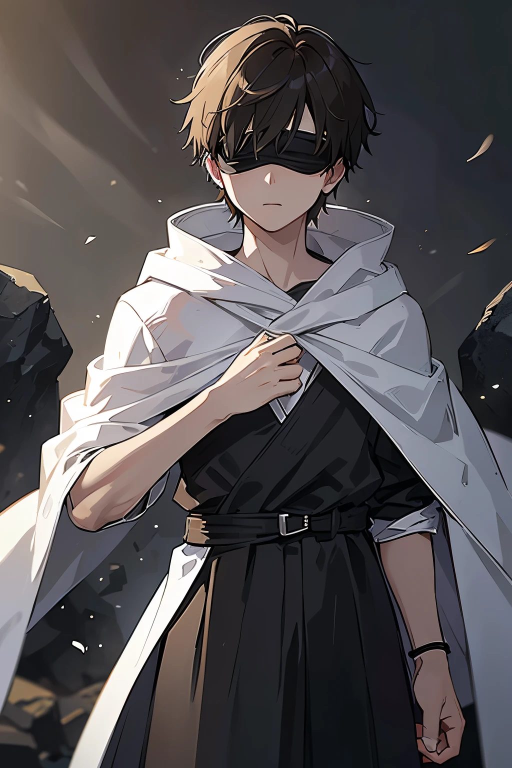 (high-quality, breathtaking),(expressive eyes, perfect face) portrait, Symmetrical Eyes, 1boy, male, solo, adult age, brown hair, cover eyes, bandages, short hair, fluffy hair, black background, rock floor, eerie haunting lighting, green fireflies, soft fog, hooded black cloak, greek tunic, thin belt, Greek Underworld background, Greek Prophet, upper_face, blindfold, Ancient Greek clothing
