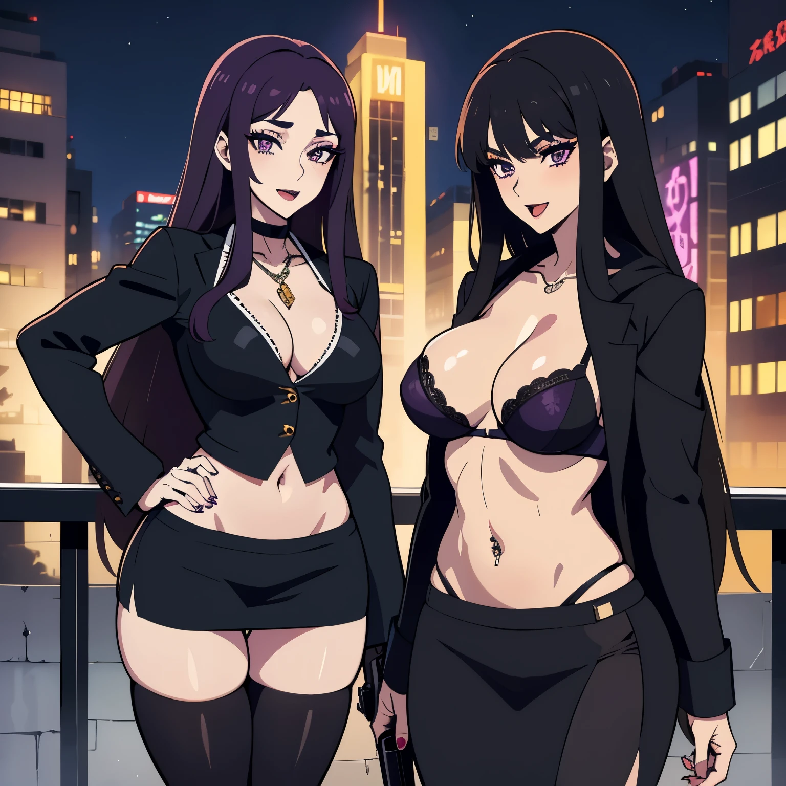 2girl, two girls , black eyes, purple eyes, long hair, mature female, makeup, eyelashes, blush, lipstick, fur trim, mature female, gloves, fur-trimmed coat, outdoors, rooftop, cityscape, building, railing, night sky, scenery, city lights, masterpiece, best quality, highly detailed, a girls with a gun, open mouth, blazer, sexy gaze, (nsfw) not
safe for work, badass pose , evil smile, smile, black bra, anime girl with long hair, long haired girl,
navel, evil expression, exposed belly, exposed navel, exposed midriff, exposed lower belly, micro
miniskirt, micro pencil skirt, pencil skirt ,holding a gun, navel piercing