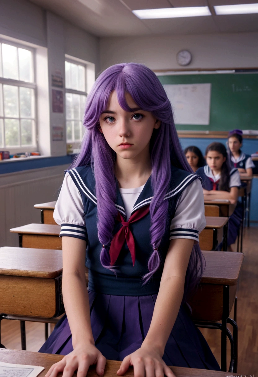 An eighteen-year-old young woman with long purple hair in a sailor suit sits in a classroom (school 1.5 in the background) (expression serious, cold 1.5) (best quality: 1.1) (masterpiece: 1.3) with an unparalleled masterpiece, surreal 8K, perfect artwork, super detail, best quality, masterpiece 4K wallpaper aesthetics, masterpiece, award-winning artwork, official art, cinematic lighting