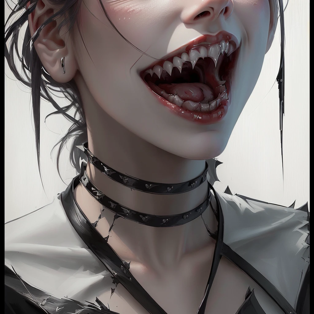 there is a drawing of a woman with a bloody mouth, female vampire, with fangs, vampire portrait, low detailed. digital painting, fangs, detailed mouth, fangs extended, androgynous vampire, vampire, sharp vampire teeth, detailed digital painting, detailed digital drawing, fangs and drool, loish |, detailed digital illustration, vampire teeth