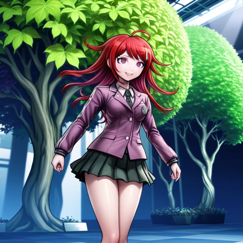 Woman, Violet, creative design, red hair, danganronpa style, thick lines, full-body portrait, detailed eyes, dynamic pose, smiling, shrub, anatomically correct