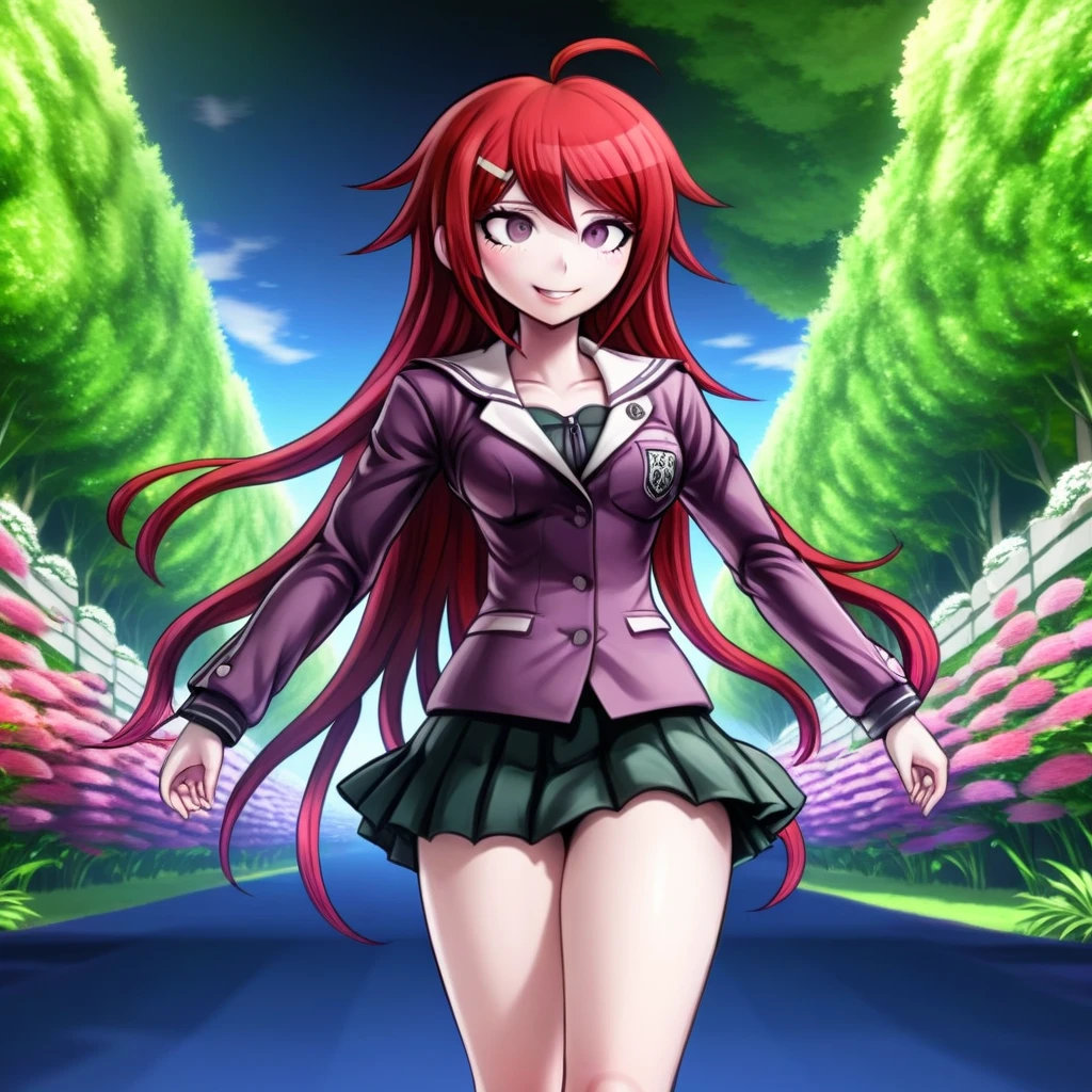 Woman, Violet, creative design, red hair, danganronpa style, thick lines, full-body portrait, detailed eyes, dynamic pose, smiling, shrub, anatomically correct