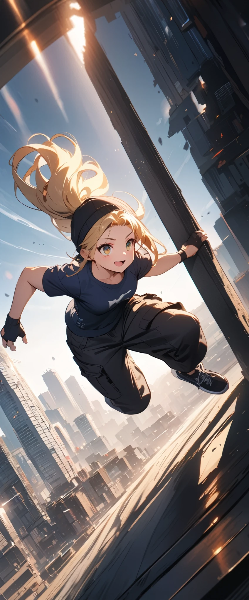quality\(8k,wallpaper of extremely detailed CG unit, ​masterpiece,hight resolution,top-quality,top-quality real texture skin,hyper realisitic,increase the resolution,RAW photos,best qualtiy,highly detailed,the wallpaper,cinematic lighting,ray trace,golden ratio\), BREAK ,solo,1girl\(ponytail hair, long hair,blonde, floating hair, beautiful eyes, big eyes, sports shirts, cargo pants, smiling,wearing cap, (parkour:1.5), running at the handrail of the skyscraper, muscular,\), BREAK , from above, ground looks far away, beautiful view, horrible view,(dynamic pose:1.4), (dynamic angle:1.4), cityscape, daytime, long shot