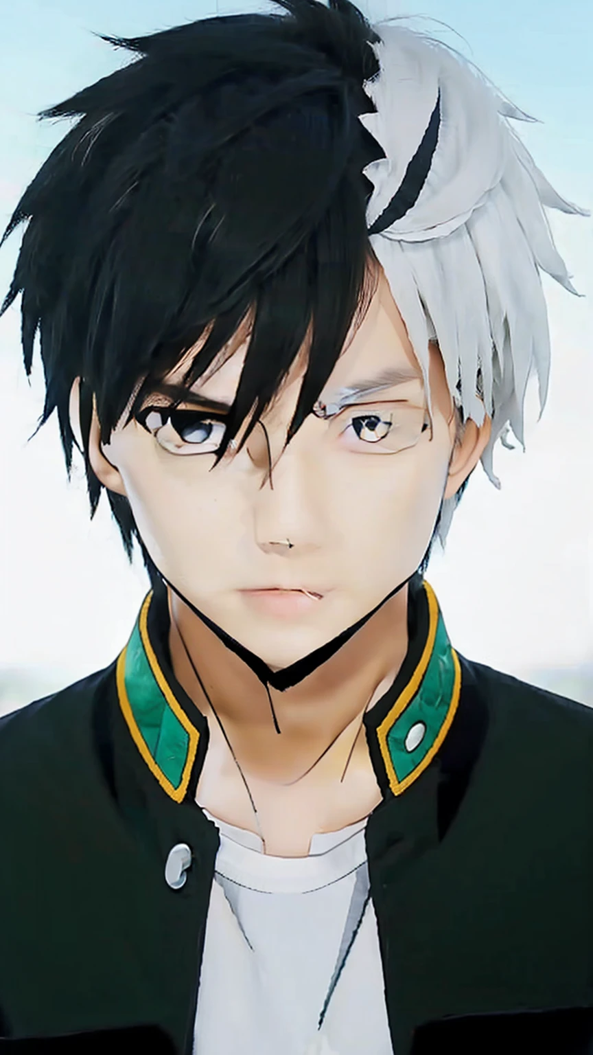 1man, short hair , black white hair, realistic eyes, handsome, black clothes, realistic clothes, detail clothes, outdoor background, ultra detail, realistic