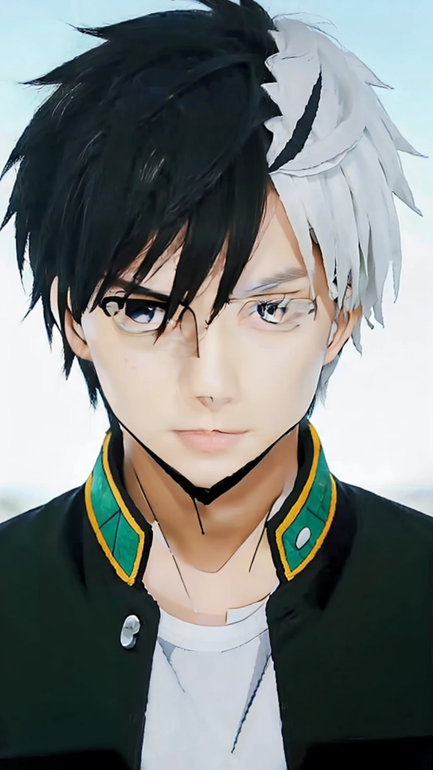 1man, short hair , black white hair, realistic eyes, handsome, black clothes, realistic clothes, detail clothes, outdoor background, ultra detail, realistic