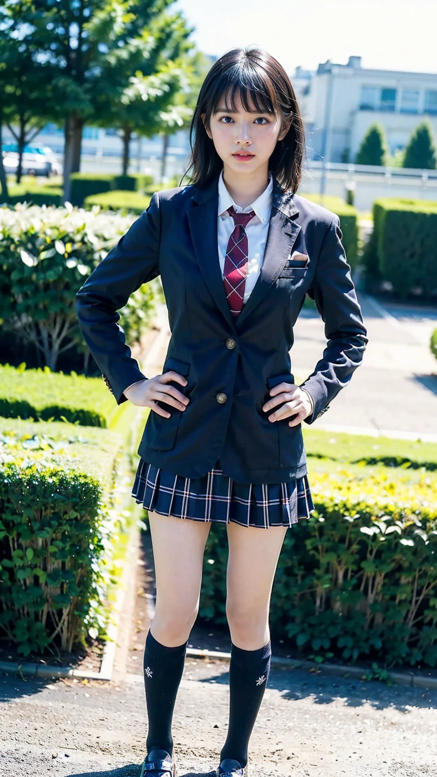 (8K、RAW Photos、Highest quality、masterpiece:1.2)、(Realistic、Realistic)、1 Girl、((Black Check Mini Skirt、High School Uniform、blazer、Navy Socks、loafers、Medium Hair、garden、View from the front、Looking into the camera、Stand with hands on hips))、cute