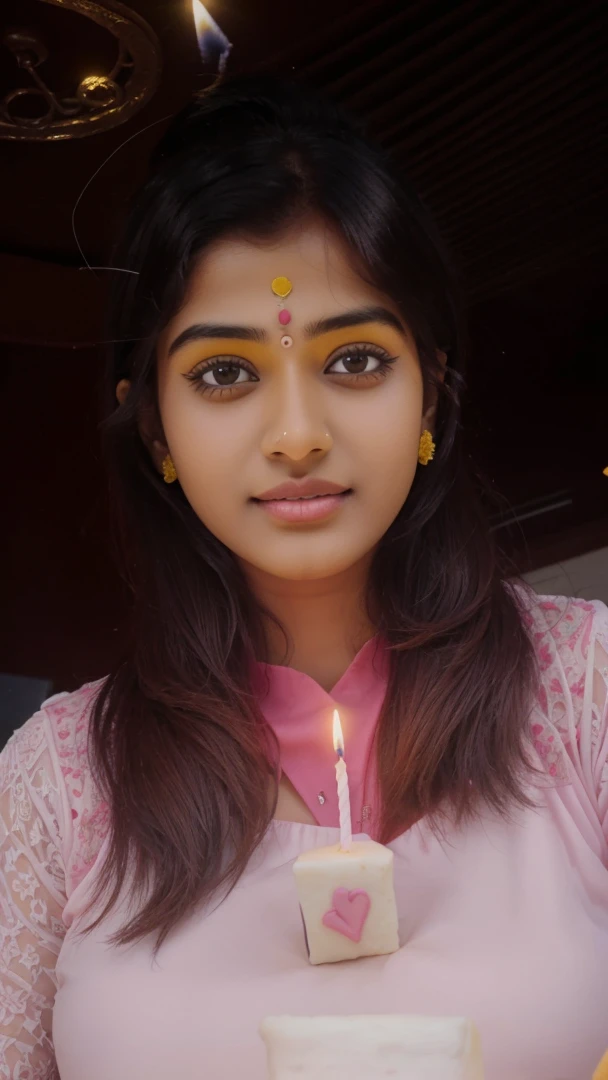 Create a 3d image in which a Indian teenager girl cutting Cake wearing yellow color top with Name "Krishna" is written clearly on the Cake and 17 year candle burning on the cake, image features with birthday decorated view realistic image