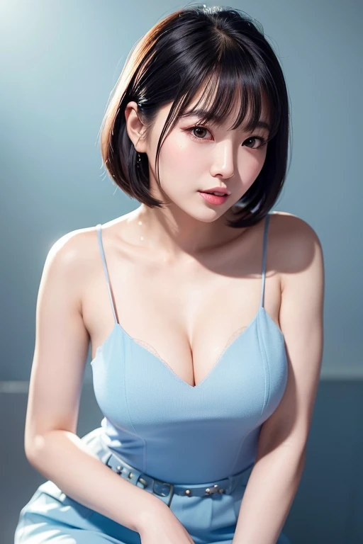 (A gorgeous Korean woman, age 28, wearing a thin white blue, sky-blue pencil skirt, friendly and kind expression, cupid's bow lips, gentle dimpled smile, cute snaggle-tooth, Korean_Bob_Haircut_Side_Bangs_Sophistication, symmetrical face, delicate detailed face, beautiful detailed eyes, ample round bosom, perfect body proportions, photorealistic, hyper-realism, high contrast, ultra HD, realistic skin textures, top image quality, top-quality, super high resolution, fine details, very meticulously, masterpiece, head to knees, the_cowboy_shot, serene ambience, bokeh night background, elegant, feminine)