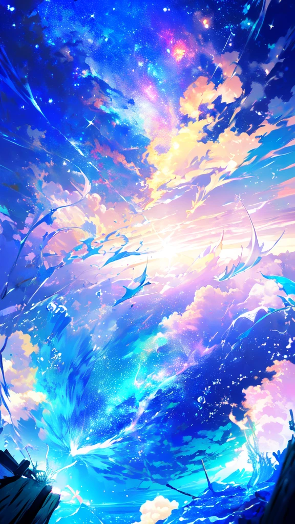-scenery, 1girl, sky, Star (sky), Highest Resolution、鈴、Sunlight from above, Morning, solo,Fine starry sky、 city lights, Starry sky, Fine bubbles、night sky, bubble, watercraft, outdoors, short hair, ocean, Big cloud,coloured glaze,