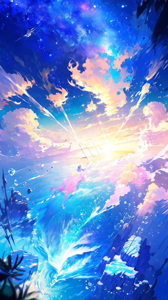 -scenery, 1girl, sky, Star (sky), Highest Resolution、鈴、Sunlight from above, Morning, solo,Fine starry sky、 city lights, Starry sky, Fine bubbles、night sky, bubble, watercraft, outdoors, short hair, ocean, Big cloud,coloured glaze,