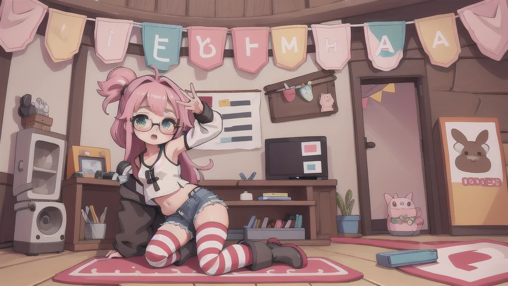 1, seios mics, quadris mics, greeneyes, pink hair, crop top, shorts jeans, room, striped thighs,,, mic, glasses,