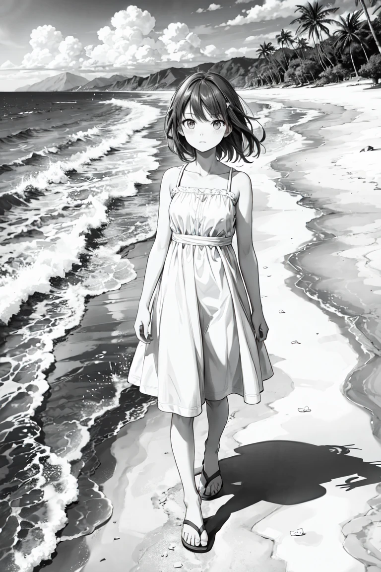 a white and dress, beach , monochrome
