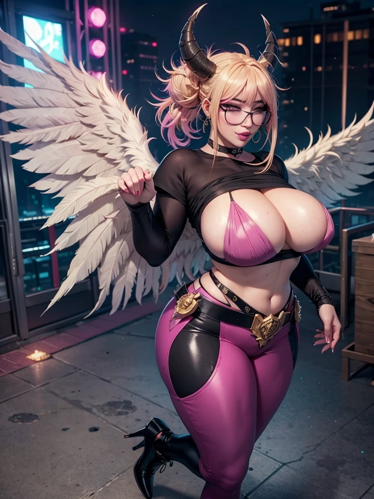 realisticlying,22yo girl,Blonde short、big body, sexy lingerie lace black ,perfect eyes, hair bunches、very very long hair, ultradetailed hair, body nylon sexy, Breasts enlarged、 big body, blonde, woman 1.90 CM,ponytail, ((hair over eyes)),perfect mouth, massive big bounce oppai, WET SKIN, (masterpiece, best quality:1.2), 1girl, solo, city background, haze \(fortnite\), Harpy Haze From fortnite, 1girl, earrings, glasses, hat, jewelry, lips, long hair, looking at viewer, makeup, nail polish, pink eyes, pink hair, pink nails, smile, sunglasses, tinted eyewear, belt, black pants, crop top, eyeshadow, midriff, navel, pants, choker, fingernails, round eyewear, sharp fingernails, standing, black feathers, black headwear, hoop earrings, horned headwear, horns, denim, winged arms, feather trim, star \(symbol\), elbow gloves, dark pink lips, feathers, heels, shoes, angel wings, bangle, black wings, crop top overhang, feathered wings, harpy, low wings, multicolored hair, multicolored wings, pink wings, wings, fingerless gloves, shirt, long fingernails, boater hat, bootcut pants, leather pants, sleeves, black sleeves,massive big bounce oppai,massive big bounce oppai,massive big bounce oppai,big bounce oppai,big bounce oppai,
