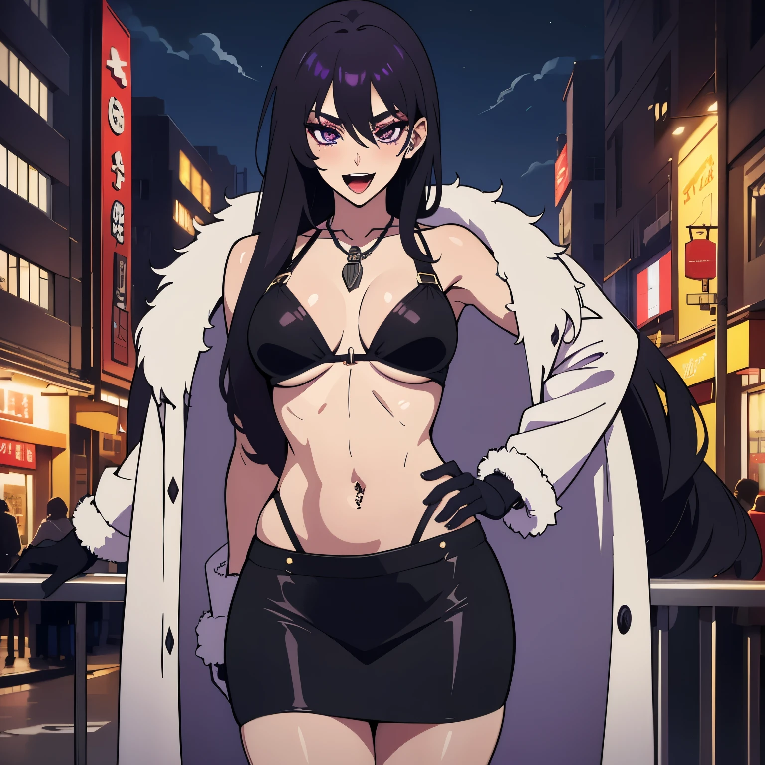 2girl, two girls , black eyes, purple eyes, long hair, mature female, makeup, eyelashes, blush, lipstick, fur trim, mature female, gloves, fur-trimmed coat, outdoors, rooftop, cityscape, building, railing, night sky, scenery, city lights, masterpiece, best quality, highly detailed, a girls with a gun, open mouth, blazer, sexy gaze, (nsfw) not
safe for work, badass pose , evil smile, smile, black bra, anime girl with long hair, long haired girl,
navel, evil expression, exposed belly, exposed navel, exposed midriff, exposed lower belly, micro
miniskirt, micro pencil skirt, pencil skirt ,holding a gun, navel piercing