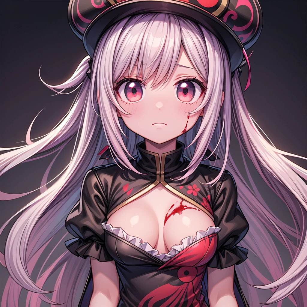 a woman with bloodstained face and hat, grim dark, gapmoe yandere, anime demon girl, glowing red eyes, tall anime monster girl, (anime girl), Junko Enoshima, portrait of grim dark gapmoe yandere, blood on clothes and face, neon lights