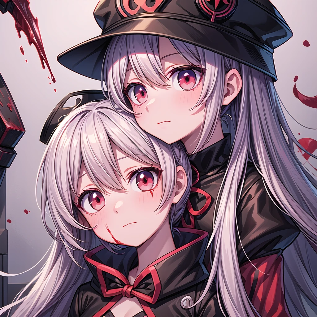 a woman with bloodstained face and hat, grim dark, gapmoe yandere, anime demon girl, glowing red eyes, tall anime monster girl, (anime girl), Junko Enoshima, portrait of grim dark gapmoe yandere, blood on clothes and face, neon lights