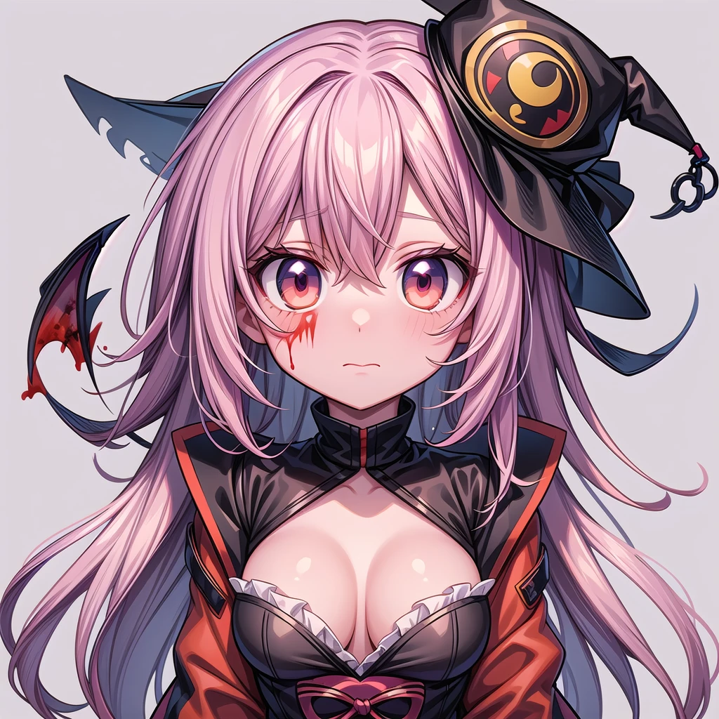 a woman with bloodstained face and hat, grim dark, gapmoe yandere, anime demon girl, glowing red eyes, tall anime monster girl, (anime girl), Junko Enoshima, portrait of grim dark gapmoe yandere, blood on clothes and face, neon lights