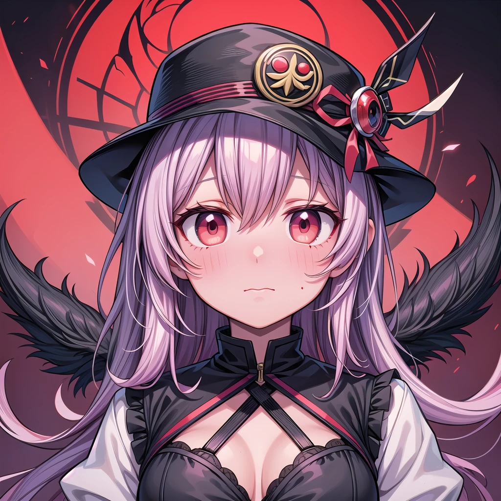a woman with bloodstained face and hat, grim dark, gapmoe yandere, anime demon girl, glowing red eyes, tall anime monster girl, (anime girl), Junko Enoshima, portrait of grim dark gapmoe yandere, blood on clothes and face, neon lights