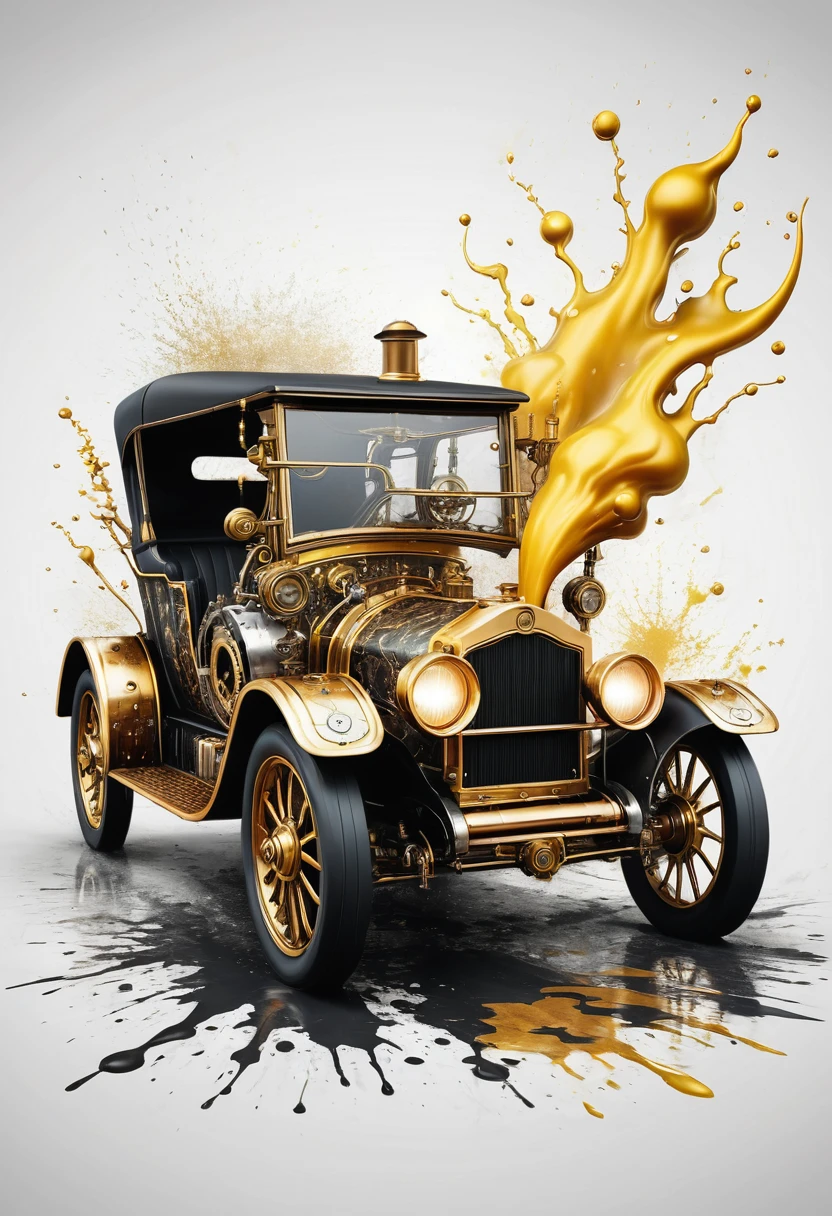 Logo on (((white background: 1.5))). creating splashes. Sci-fi steampunk style. Atmospheric Haze, Detailed 18th century retro steampunk machine with vintage design and intricate gold and black mechanical elements ((gears: 1.4)). The retro car has big fat tires and a powerful, ornate turbo engine mounted on top, adorned with various gears, pipes and brass parts. The overall design combines classic automotive aesthetics with a steampunk fantasy car. An explosion of golden ((slime: 1.3)) liquid in the form of paint splatters surrounds the car, creating a dynamic and energetic scene. The background is pure white, highlighting the bright details and metallic texture of the car. The scene is a mixture of retro and fantasy, capturing the essence of steampunk art.