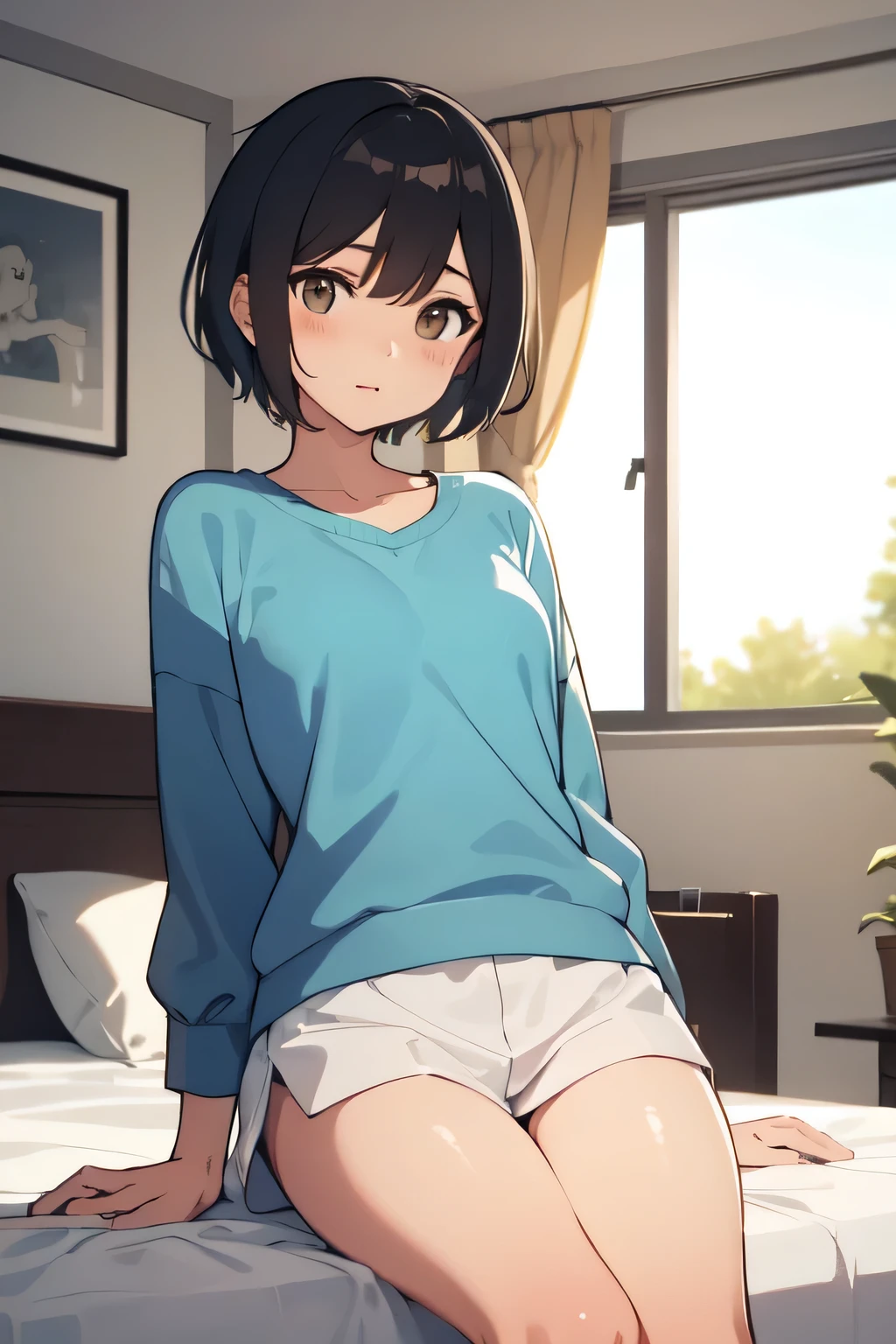 Adult tomboy with short hair, bedroom