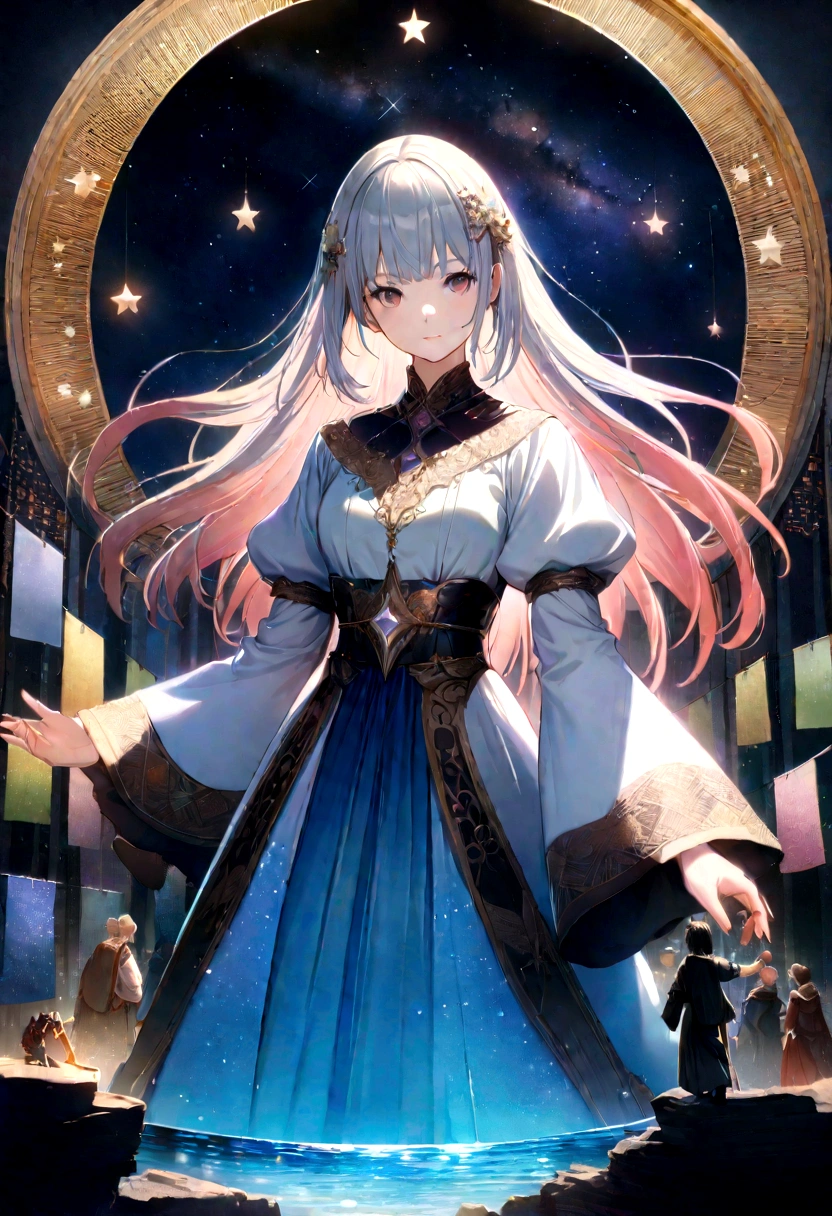((masterpiece)), ((Highest quality)), ((figure)), Very detailed,Style Girl, length shot, Small breasts,Light Gray Very_length_hair, scifi hair ornaments, beautifully詳細な深い目, beautifully詳細な空, Beautiful detailed water, Cinema Lighting, Elevation, (very length sleeves),Shiny Dress, Close to the audience, (Very delicate and beautiful),Highest quality,High resolution,Official Art,Very detailed CG unity 8k wallpaper, ((Starry Sky)), Star River,Array Stars, holy, Noble, ((oil)) , ((wallpaper 8k CG)), (Realistic), Concept Art, green、red、orange、Change pink hard light, Complex Light, dynamic hair, haircut, Dynamic Ambiguity, beautifully、aesthetic, Complex Light, Manga and anime、milky way、Tanabata、Starry Sky