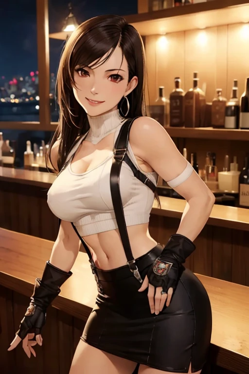 ((Highest quality)), ((masterpiece)), (detailed), One girl, sexy,tifa lockhart, masutepiece, Best Quality, defTifa, White crop top, elbow pad, Fingerless gloves, suspenders, pencil skirts, Upper body, Looking at Viewer, Leaning forward, Smile, a bar counter, City at night