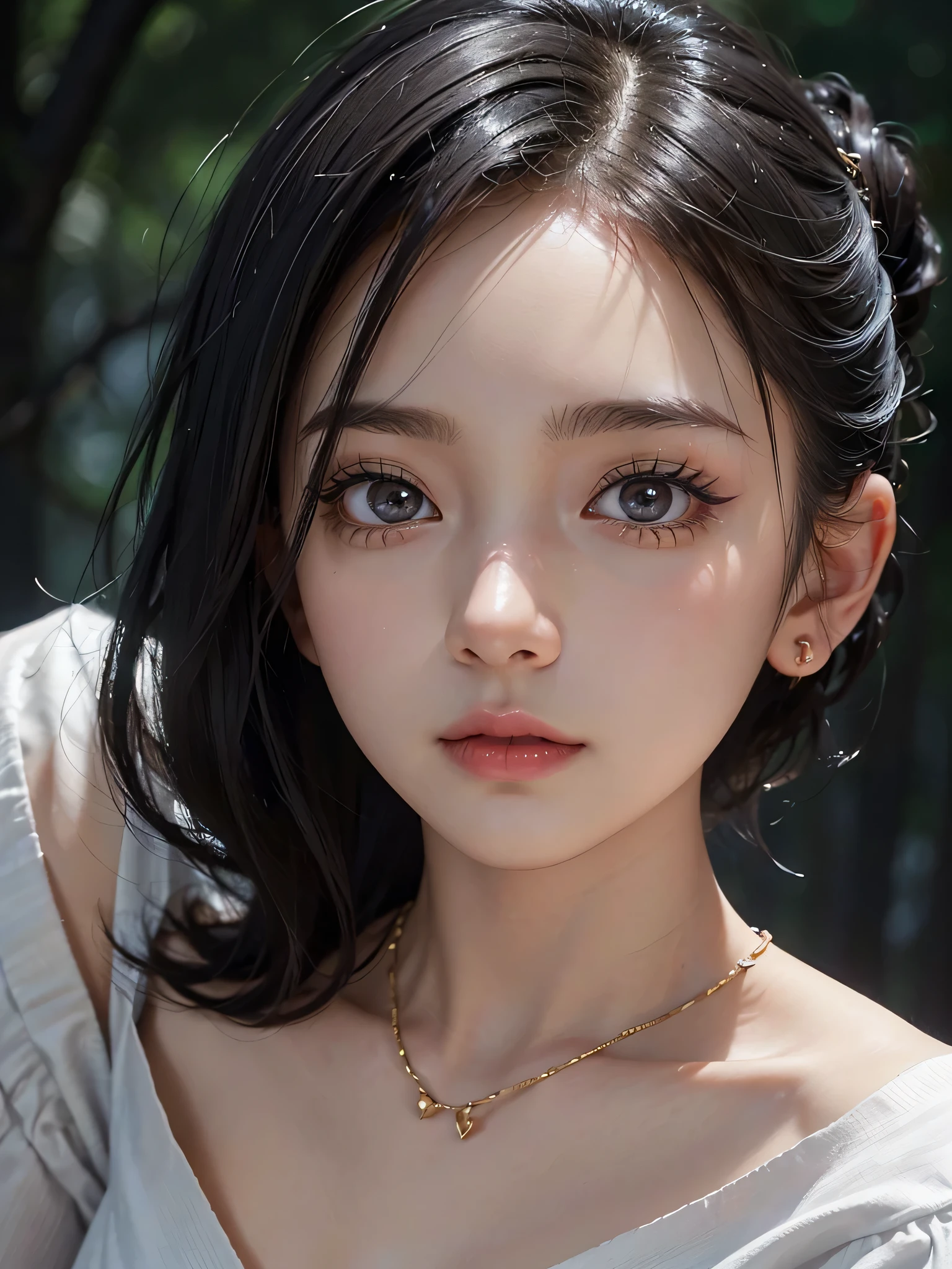 One Girl，(1人のとてもcute女の子:1.3)，masterpiece，Highest quality，High resolution，From below，Low - Angle，Photorealistic，RAW Photos，Ray Tracing，beautiful girl，(6 :1.3)，cute，Big eyes，(detailed pupils:1.2)，(The face is facing forward:1.3)，Cute nose，Beautiful nose，Upturned nose，Fuller lips，Short black hair，ponytail，short hair，Detailed eyelashes，Thin eyebrows，Very fine grain definition，(Symmetrical eyes:1.3)，(Face close-up，Face Focus:1.0)，Small breasts，Short neck，Off the shoulder，People emerge，Dark Background，forest，Portrait，View Viewer，Upper Body，Cinema Lighting，High resolution，Very detailed