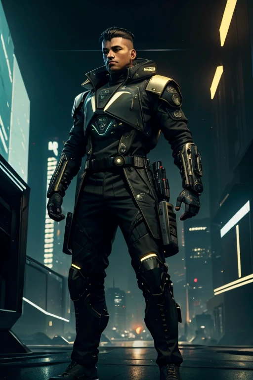 luxtech, cyberpunk, military combat gear, ethnically black