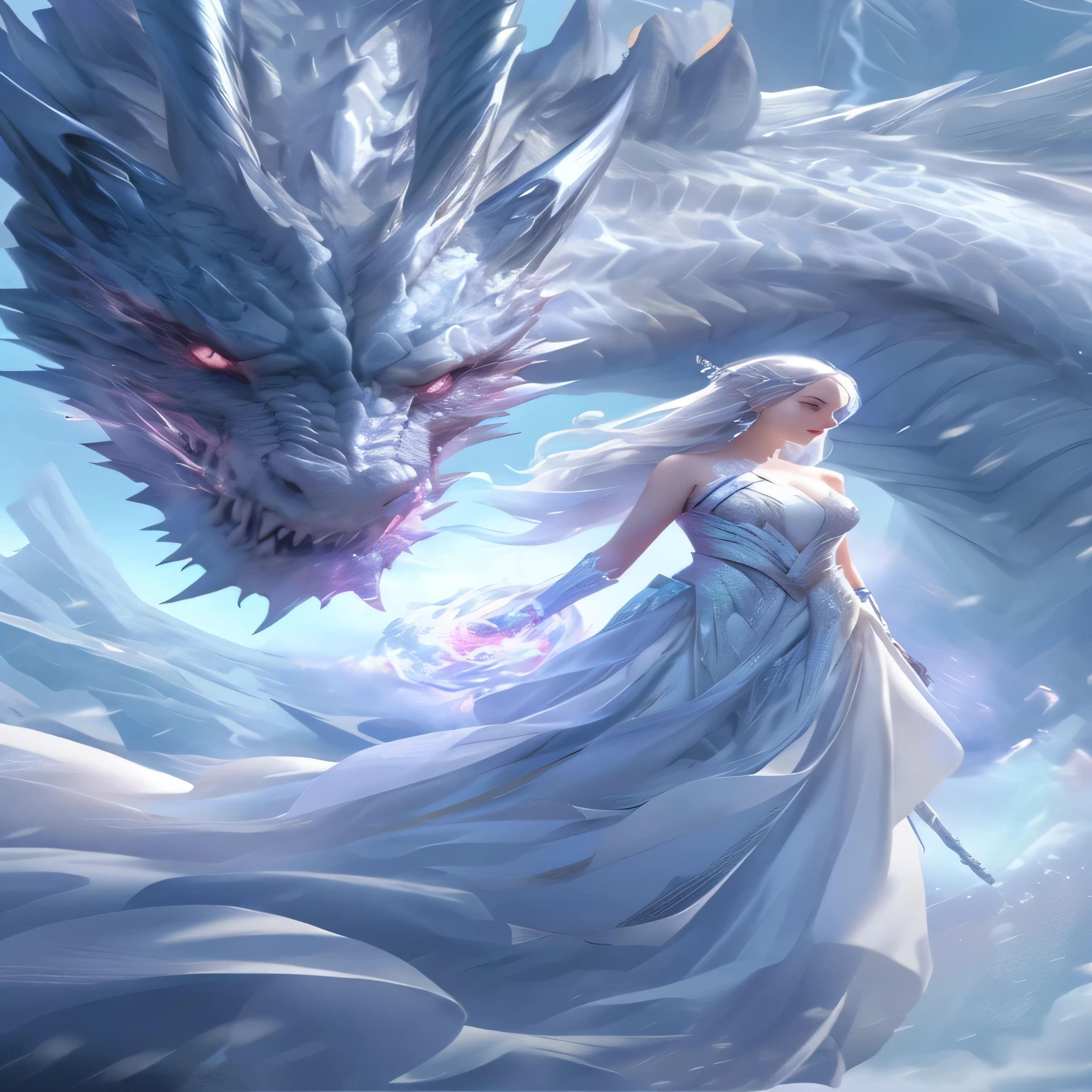 a woman in a white dress standing next to a dragon, ice and fire, queen of dragons, queen of ice and storm, detailed fantasy art, fantasy art style, epic fantasy art style, fantasy illustrations, magali villeneuve', breathtaking fantasy art, epic fantasy art style hd, amazing fantasy art, inspired by Magali Villeneuve, graphic artist magali villeneuve