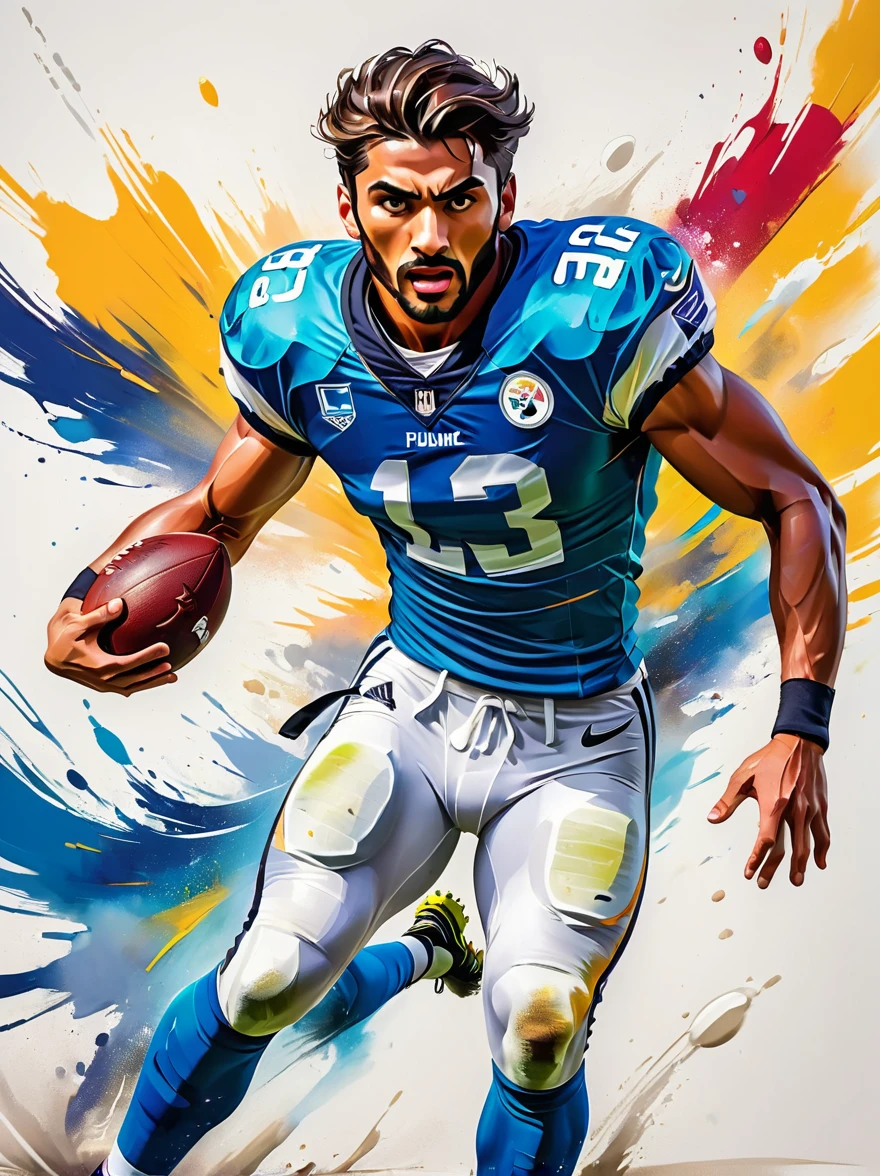 A Middle Eastern football player in action. This image has been painted with vibrant colors and bold brushstrokes to accentuate the energy and intensity of a professional athlete. The athlete possesses a strong and muscular body, with well-defined arms that project a powerful athletic aura. His confident pose encapsulates his readiness to rule the field. The dynamism of the scene, frozen through the capture of a high-speed lens, showcases his agility and tenacious determination. The vibrant color palette adds another layer to the excitement, punctuating the football player's intense focus. This image, drawing inspiration from hyperrealism, embodies the essence of a professional football player. Perfect as a sports magazine cover or motivational poster.