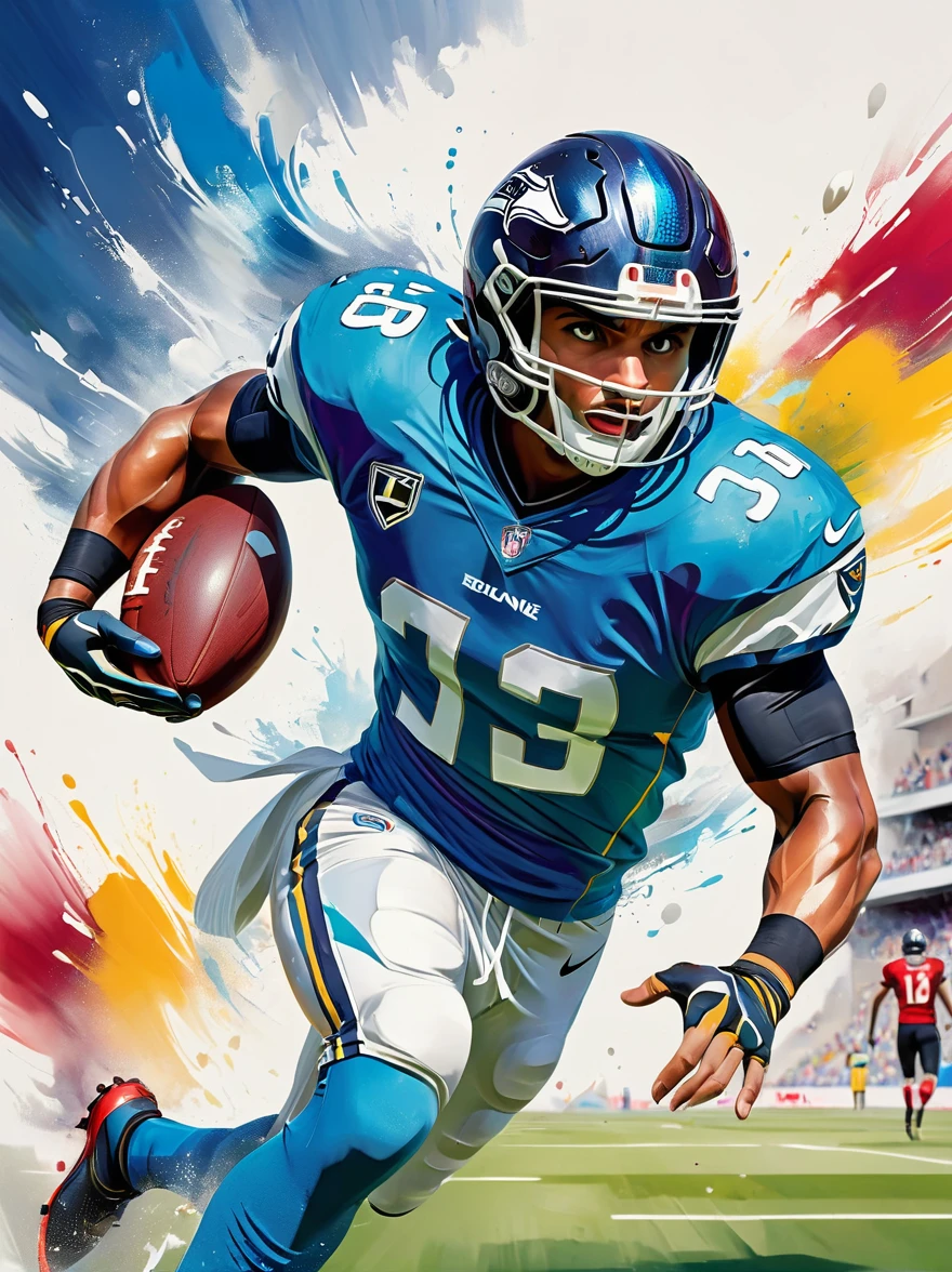 A Middle Eastern football player in action. This image has been painted with vibrant colors and bold brushstrokes to accentuate the energy and intensity of a professional athlete. The athlete possesses a strong and muscular body, with well-defined arms that project a powerful athletic aura. His confident pose encapsulates his readiness to rule the field. The dynamism of the scene, frozen through the capture of a high-speed lens, showcases his agility and tenacious determination. The vibrant color palette adds another layer to the excitement, punctuating the football player's intense focus. This image, drawing inspiration from hyperrealism, embodies the essence of a professional football player. Perfect as a sports magazine cover or motivational poster.