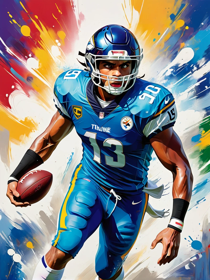A Middle Eastern football player in action. This image has been painted with vibrant colors and bold brushstrokes to accentuate the energy and intensity of a professional athlete. The athlete possesses a strong and muscular body, with well-defined arms that project a powerful athletic aura. His confident pose encapsulates his readiness to rule the field. The dynamism of the scene, frozen through the capture of a high-speed lens, showcases his agility and tenacious determination. The vibrant color palette adds another layer to the excitement, punctuating the football player's intense focus. This image, drawing inspiration from hyperrealism, embodies the essence of a professional football player. Perfect as a sports magazine cover or motivational poster.