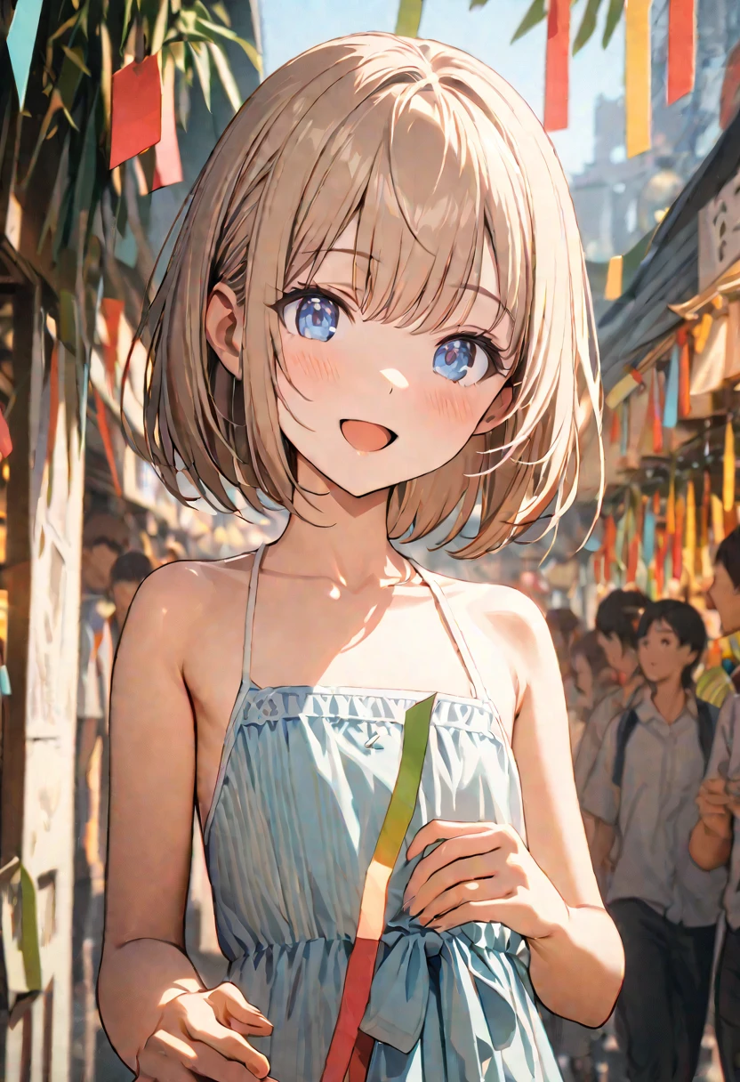 1 girl, 18yo, (flat chest: 1.5), blue eyes, light brown hair, bob cut, summer outfit, smile, open mouth, tanabata festival, large shopping arcade, Tanabata decorations, lots of Tanabata streamers, crowds in the background, upper body, 8k, RAW photo, best quality, masterpiece, extremely detailed 8k wallpaper, ultra-detailed, best shadow, detailed background, beautiful detailed face, beautiful detailed eyes, nice hands, perfect hands