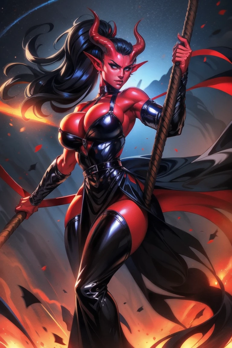 Red skin succubus tiefling, medium breasts, black horns, wings, huge tail, black leather, long flowing pelvic curtain, tall, toned, graceful, thin, long black ponytail. Action scene, whip. Dark scene, explosions, night sky.