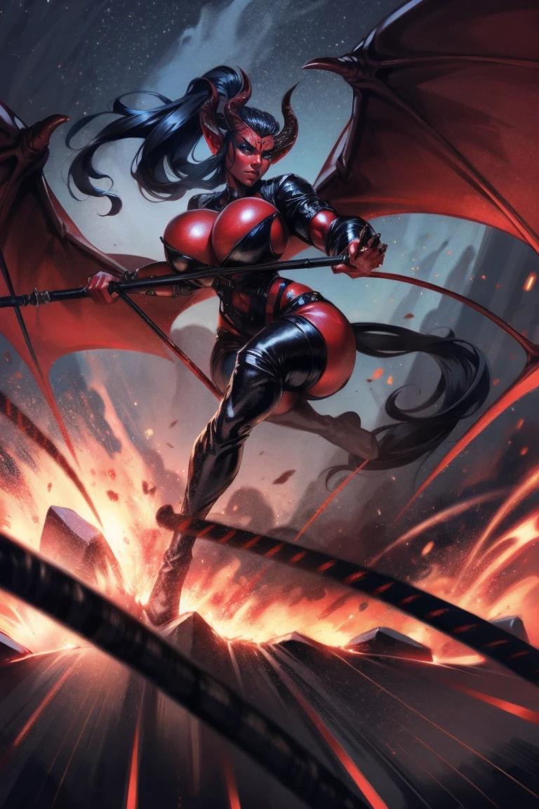 Red skin succubus tiefling, medium breasts, black horns, wings, huge tail, black leather, tall, toned, graceful, thin, long black ponytail. Action scene, whip. Dark scene, explosions, night sky.