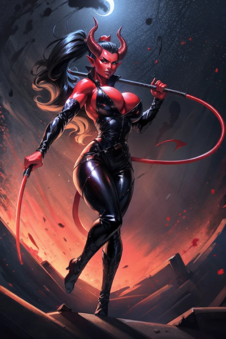 Red skin succubus tiefling, medium breasts, black horns, wings, huge tail, black leather, tall, toned, graceful, thin, long black ponytail. Action scene, whip. Dark scene, explosions, night sky.