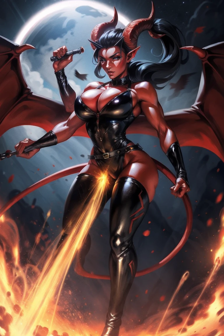 Red skin succubus tiefling, medium breasts, black horns, wings, huge tail, black leather, tall, toned, graceful, thin, long black ponytail. Action scene, whip. Dark scene, explosions, night sky.