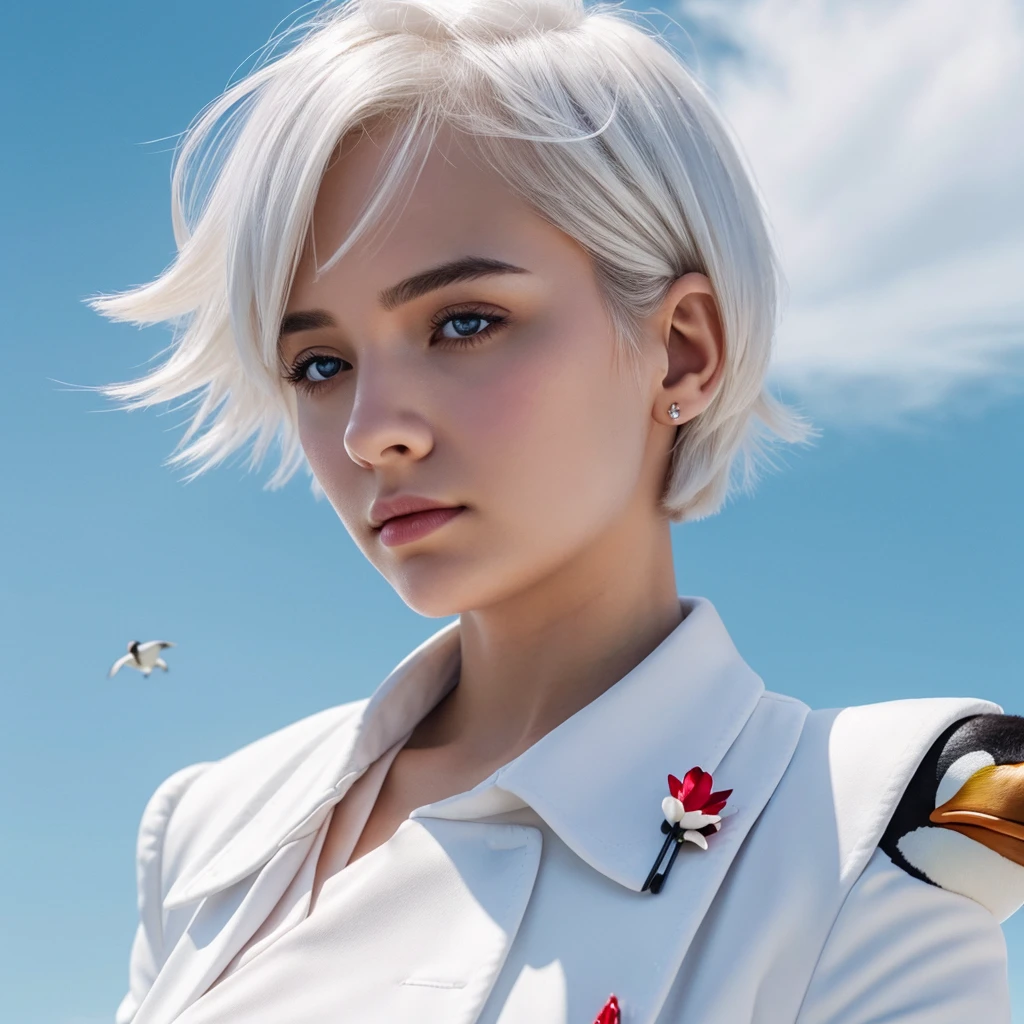(dynamic angle:1.3),extreme closeup,windy,cinematic highlight,1girl,upper body,looking at viewer, solo, jewelry, blank eyes, penguin brooch, white_hair,( short hair:1.2),floating hairlong_sleeves, red_eyes, jacket, sky, depth_of_field, a close view of flying petal,