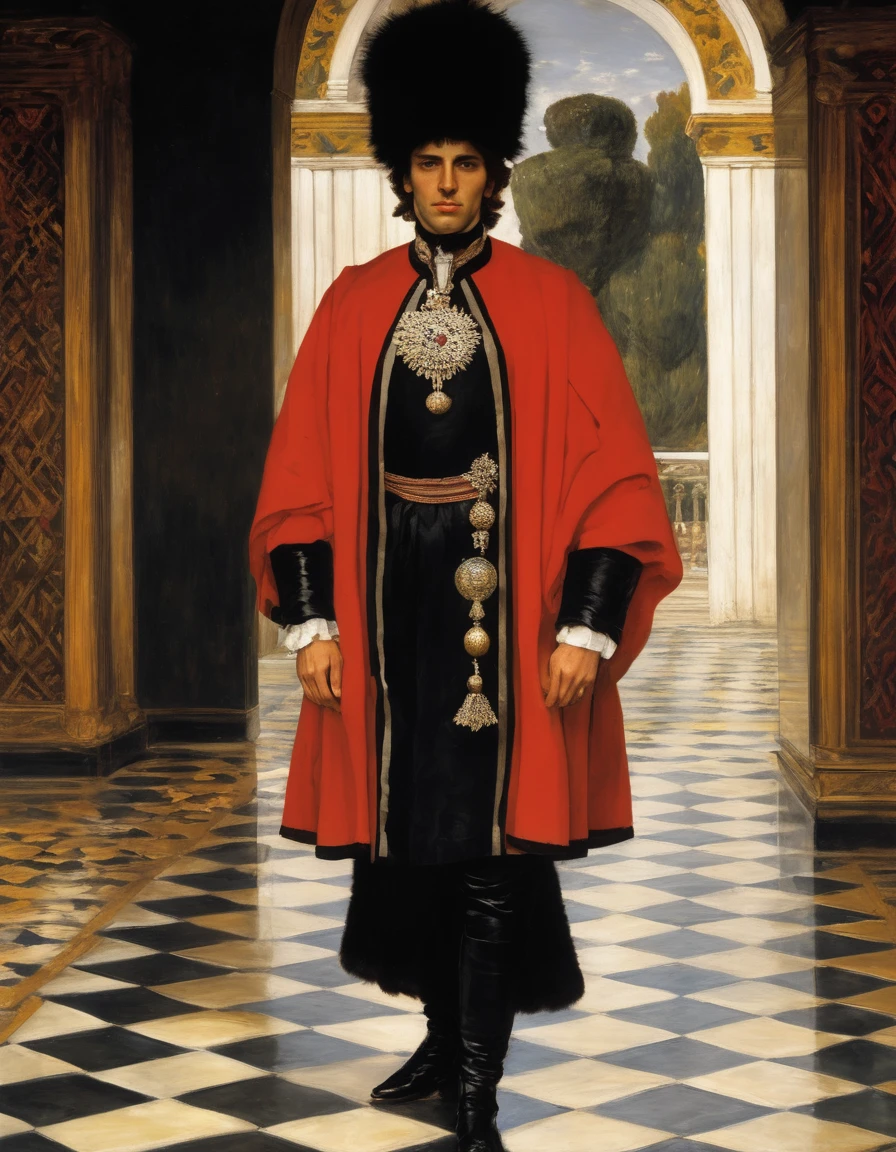 {{Masterpiece, best quality, high detail}}, a ((((full body portrait, male focus)))), (((by James Tissot))), ((by Théodore Géricault)), the composition is: (((a very young male nobleman, sullen, facing viewer. He is wearing a fur hat. He is wearing a black Mughal caftan with Praetorian elements, sashes, medals, red diamond pendants)))