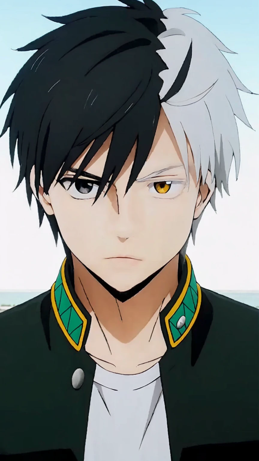 1man, cosplay, short hair , black white hair, realistic eyes, handsome, black clothes, realistic clothes, detail clothes, outdoor background, ultra detail, realistic