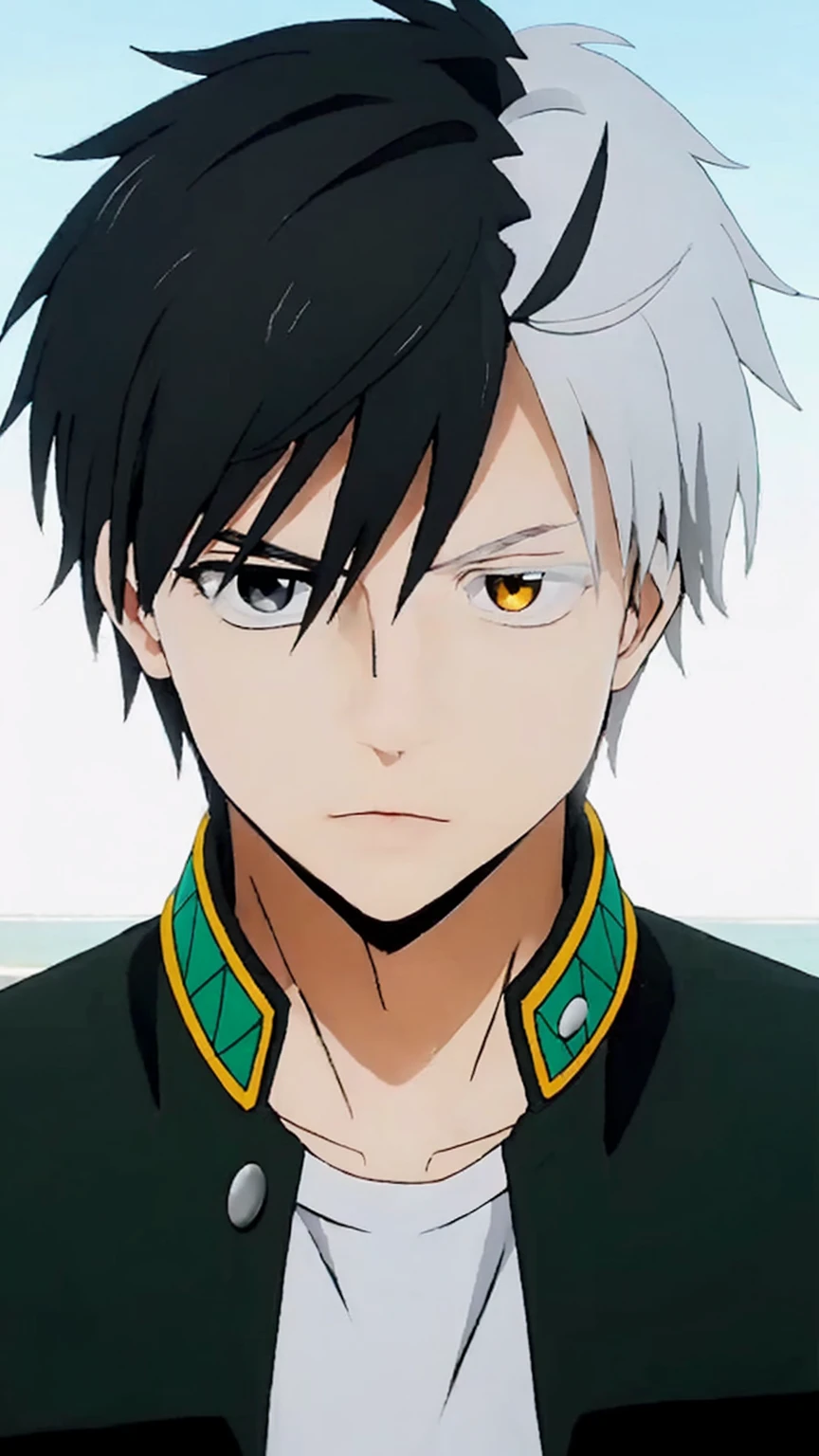 1man, cosplay, short hair , black white hair, realistic eyes, handsome, black clothes, realistic clothes, detail clothes, outdoor background, ultra detail, realistic