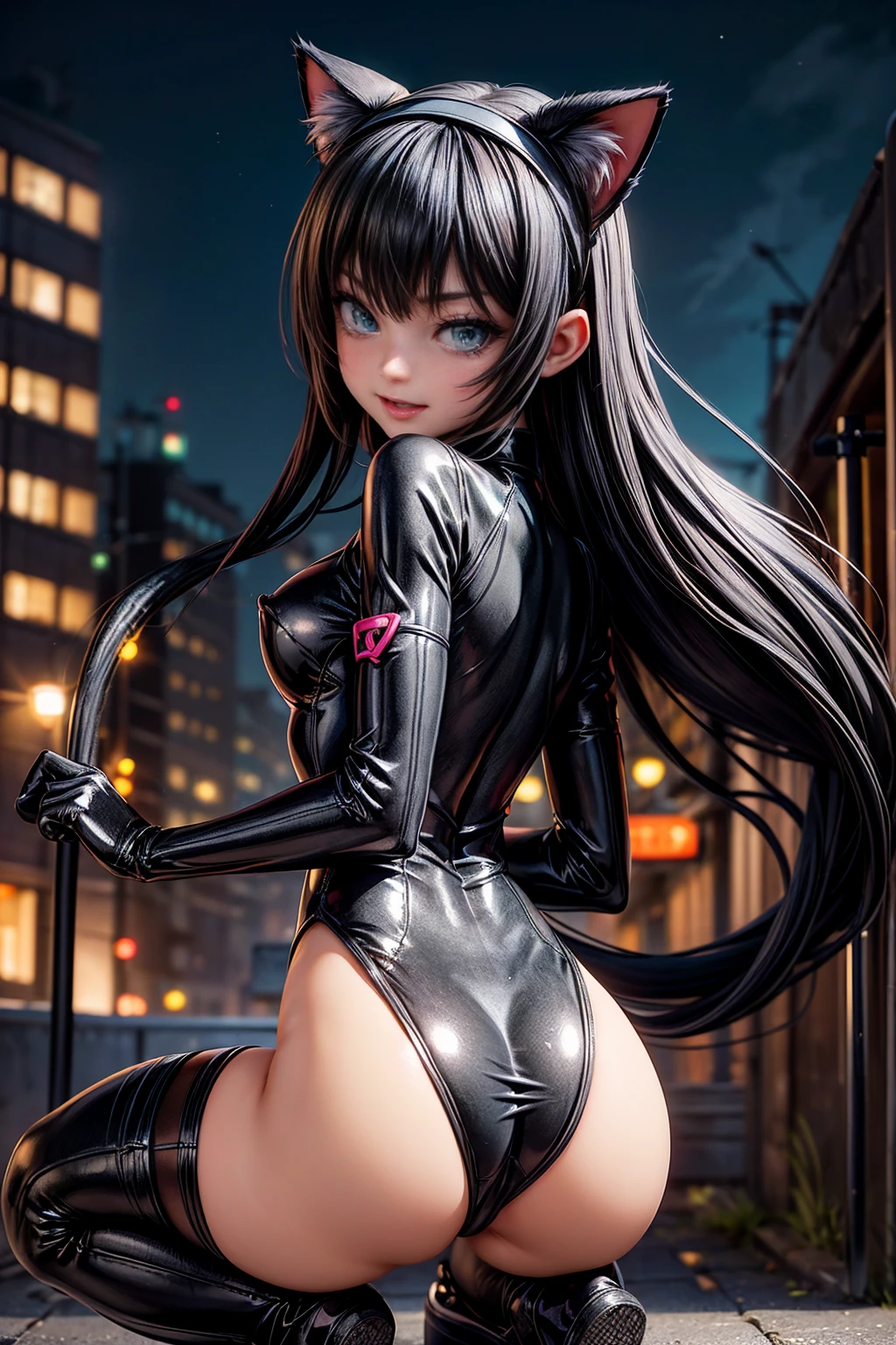 NSFW、One Girl、(20-year-old woman)、Cat ears headband、Shiny tail、Black enamel high leg suit、Ultra-thin suit、Skin is transparent、squat、Cat Pose、Black cat、City、Back alley at night、Green Eyes、Beautiful eyes、Laugh with fangs out、Faces aiming for prey、View from below