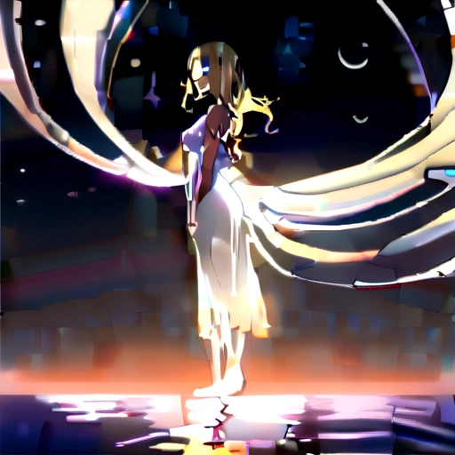 (Full body pose:1.5), (colorful:1.2), (Highly detailed CG Unity 16k wallpaper:1.1), (Noise reduction strength: 1.45), (masterpiece:1.37),(Best lighting, Best Shadow), (Best illustrations), Dynamic Angle,delicate and beautiful moon,alone, (Backlight), Mid Shot, (Beautiful and delicate girl:1.3), Beautiful naked back, (Detailed face:1.2), (Long, hanging hair:1.2), (Beautiful long dress:1.2),(Masseter muscle area:1.3),Exquisite detail, Highest quality 8K resolution,Vibrant colors, Warm and gentle lighting,(Smooth and straight blonde hair:1.4),(Hair parted in the middle:1.3),(Shiny Hair),(Dark blue eyes:1.3),Cute Smile,White skin, Barrette,Small Necklace,the girl is standing on the water, Beautiful and delicate purple light on the water surface, Reflective water surface, (Starry Sky) , Cold colors, From the side,Spark of Light, Shining Light,