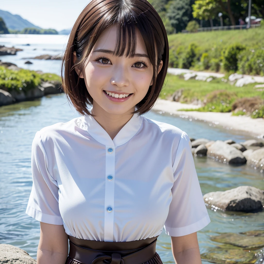 Highest quality,a girl, one girl,solo focus,4K,8K,Realistic,Japanese women,一人のJapanese women,26 years old,Clear,kind,Beautiful eyes,smile,smaile,teeth,short brown hair,Large Breasts,healthy,positive,Very detailed,Casual Style,The background is a river